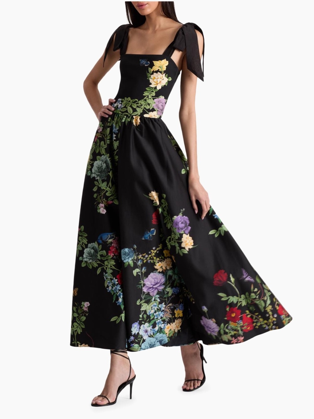 Alice & Olivia Oriana Drop-Waist Black Floral Tie-Shoulder Dress